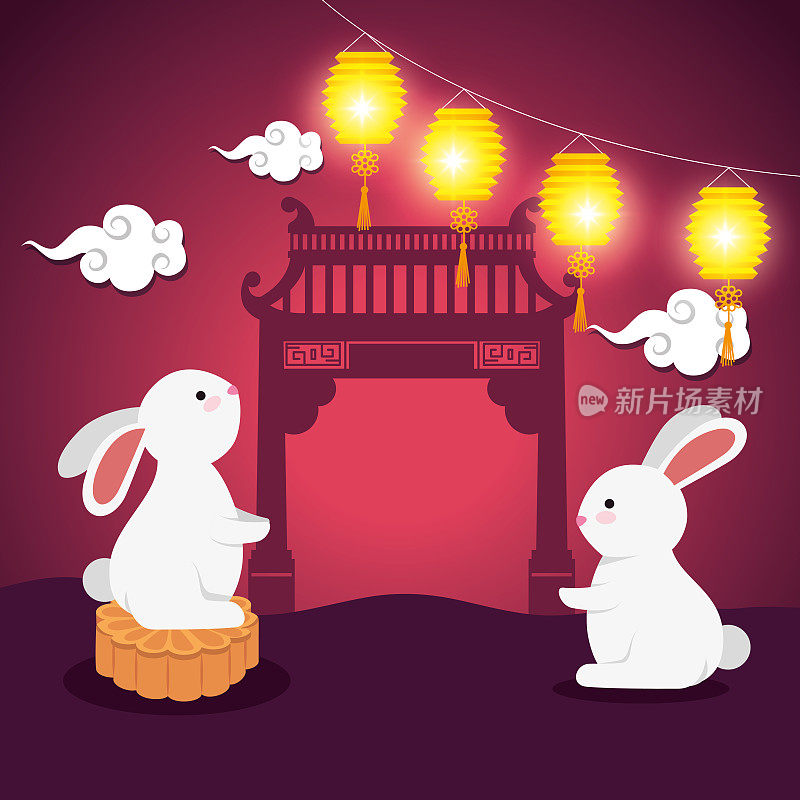 rabbits together with lanterns lighting up and clouds